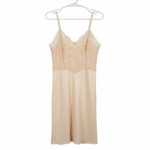 Vintage Vanity Fair Full Slip Dress 36 Beige Tan Tricot Lace Trim USA 1960s 70s